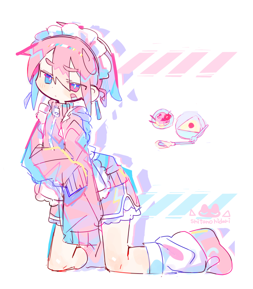 1boy absurdres artist_logo bandaid bandaid_on_cheek bandaid_on_face blue_eyes bright_pupils commentary_request crossdressing full_body hair_between_eyes heterochromia highres jacket jersey_maid kneeling logo long_sleeves maid maid_headdress male_focus male_maid no_sclera original panties pink_eyes pink_hair pink_jacket pink_shoes pink_shorts raito-kun_(uenomigi) shoes short_hair shorts sleeves_past_fingers sleeves_past_wrists socks solo track_jacket trap uenomigi unconventional_maid underwear white_panties white_pupils white_socks