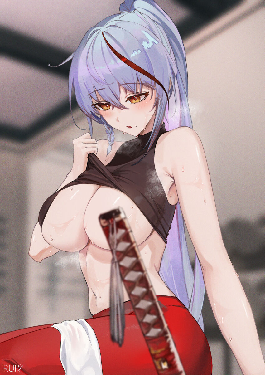 1girl absurdres akafuyu_(arknights) arknights bare_shoulders black_shirt blurry blurry_background breasts commission convenient_censoring gloves highres large_breasts long_hair multicolored_hair pomerui purple_hair shirt solo sweat sword very_long_hair weapon yellow_eyes
