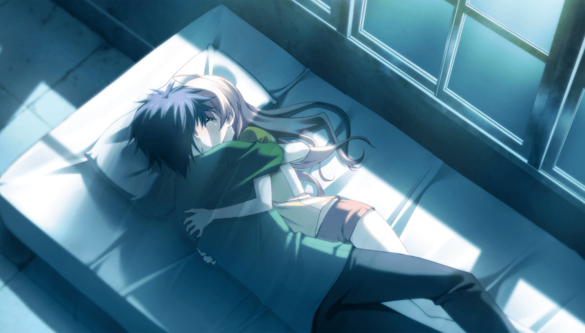 1boy 1girl antenna_hair black_pants blue_hair blurry blurry_background blush casual chaos;head chaos;head_love_chu_chu! closed_eyes couple facing_another from_behind game_cg green_shirt happy head_on_pillow hetero highres hug interlocked_legs kiss long_hair lying matsuo_yukihiro messy_hair moonlight night nishijou_takumi non-web_source official_art on_bed on_side pants pillow pink_hair pink_shorts sakihata_rimi shiny_skin shirt short_hair short_sleeves shorts spiked_hair tile_floor tiles window yellow_shirt