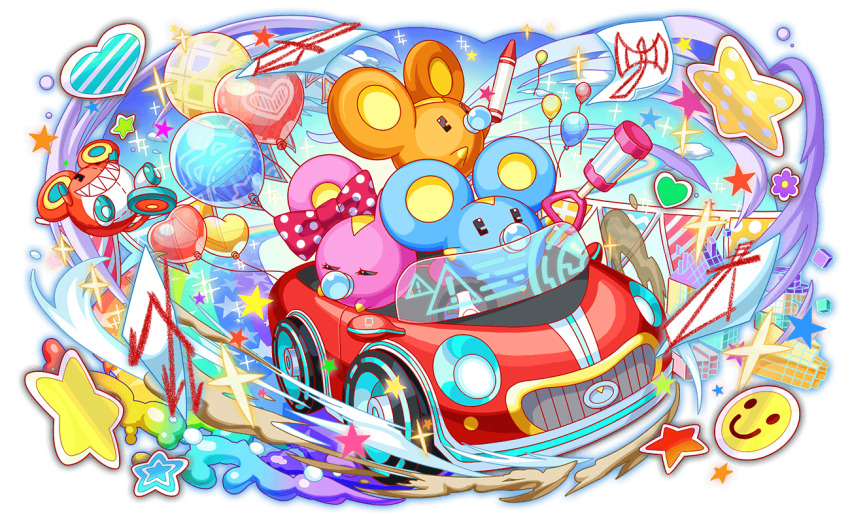 ! 1girl 2boys anime_coloring artist_request balloon black_eyes blue_sky bow car character_doll closed_eyes cloud crash_fever crayon cube drawing_(object) driving eyelashes flower_sticker full_body game_cg heart heart_balloon heart_print heart_sticker holding holding_crayon holding_rattle jerry_(crash_fever) little_jerries lying motor_vehicle mouse_(animal) multiple_boys no_humans number_print numbered official_art outdoors outline pacifier papers polka_dot polka_dot_bow rainbow rattle red_bow red_outline screen sign sky sleeping smiley_face smoke sparkle square square_print star_(symbol) star_sticker tachi-e third-party_source transparent_background warning_sign
