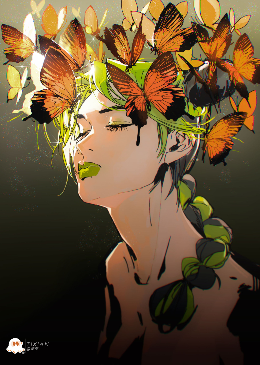 1girl absurdres braid braided_ponytail breasts bug bun_with_braided_base butterfly closed_eyes commentary double_bun english_commentary green_lips hair_bun highres insect jojo_no_kimyou_na_bouken kuujou_jolyne long_hair mixed-language_commentary multicolored_hair orange_butterfly stone_ocean tixili two-tone_hair
