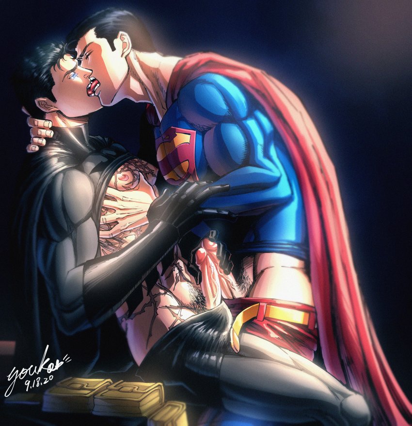 2boys abs absurdres artist_name bara bare_pectorals batman batman_(series) belt black_bodysuit black_cape black_gloves black_hair blue_bodysuit blue_eyes bodysuit bodysuit_pull bruce_wayne cape clark_kent closed_eyes clothes_lift couple dated dc_comics erection french_kiss gloves groping highres kiss large_pectorals male_focus multiple_boys muscular muscular_male nipples pectoral_grab pectorals penis red_cape scar scar_on_chest scar_on_stomach scars_all_over short_hair sitting superman superman_(series) tongue tongue_out too_many yaoi yellow_belt yooko