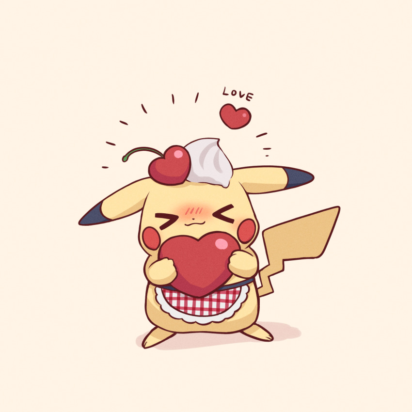 &gt;_&lt; 025sakura393 apron blush cherry closed_mouth commentary_request facing_viewer food fruit gen_1_pokemon heart highres holding holding_heart nintendo no_humans nose_blush pikachu pikachu_(assorted_chocolates_2024) pokemon pokemon_(creature) smile solo standing whipped_cream