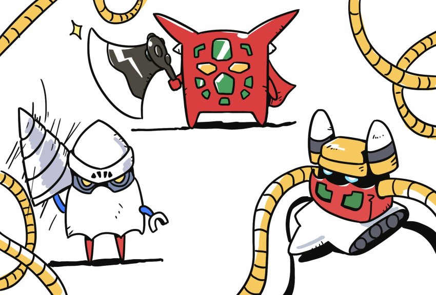 axe blue_eyes cape chibi drill gamiani_zero getter-1 getter-2 getter-3 getter_robo getter_robo_(classic) highres holding holding_axe long_arms looking_at_viewer mecha no_humans robot super_robot yellow_eyes