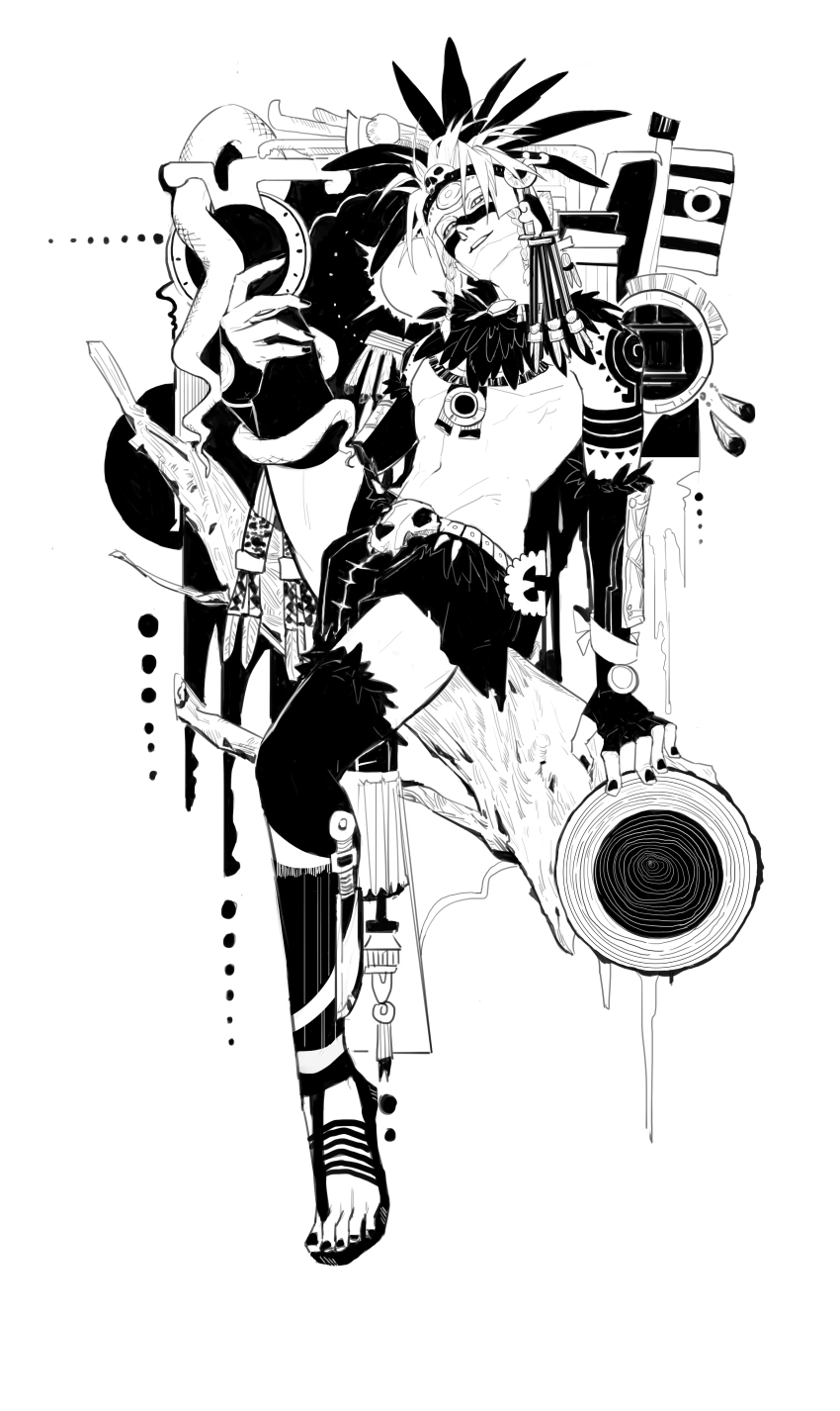 1boy absurdres arm_tattoo aztec fate/grand_order fate_(series) grin headdress highres leg_up long_hair looking_at_viewer male_focus missing_limb sitting smile solo tattoo tezcatlipoca_(fate) tezcatlipoca_(third_ascension)_(fate) tyrnct