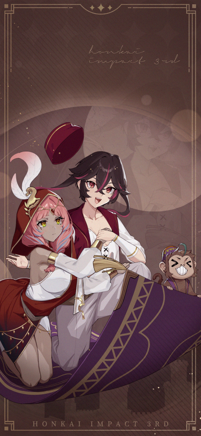 &gt;_&lt; 1other 2girls abu_(aladdin) ahoge aladdin_(disney) animal arabian_clothes bare_legs black_hair breasts brown_background couple dark_skin english_text flying genderswap genderswap_(mtf) hand_on_own_chest hat highres holding holding_hands honkai_(series) honkai_impact_3rd jewelry kneeling large_breasts magic_carpet multicolored_hair multiple_girls official_art official_wallpaper open_mouth pants pink_hair red_headwear small_breasts smile streaked_hair tail teeth unworn_hat unworn_headwear upper_teeth_only white_pants worried yellow_eyes yuri