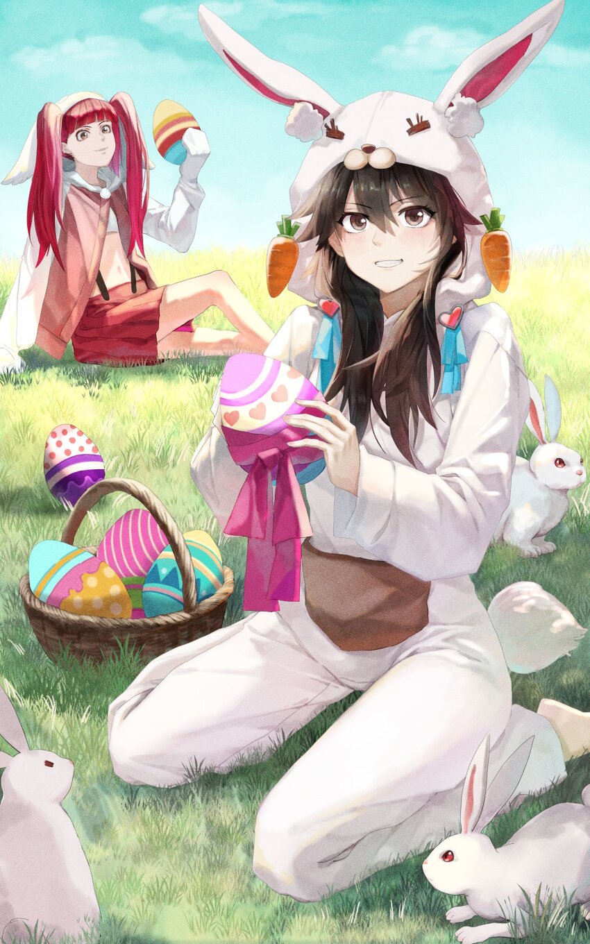 2girls \||/ alternate_costume animal_costume animal_ears bambietta_basterbine barefoot basket black_hair bleach bleach:_sennen_kessen-hen blue_ribbon blue_sky blunt_bangs blush brown_eyes carrot_hat_ornament commentary cosplay day deadman70232800 dokugamine_riruka dress easter easter_egg egg english_commentary enpera eyelashes eyes_visible_through_hair fake_animal_ears film_grain full_body grass grin hair_between_eyes hand_up heart heart_print highres holding holding_egg hood hood_up kigurumi knee_up long_hair long_sleeves looking_at_viewer miniskirt multiple_girls navel official_alternate_costume on_grass outdoors pleated_skirt rabbit rabbit_costume rabbit_ears rabbit_tail red_eyes red_hair red_skirt ribbon scarf sitting skirt sky smile suspender_skirt suspenders tail twintails v-shaped_eyebrows wariza white_rabbit_(animal) wide_sleeves