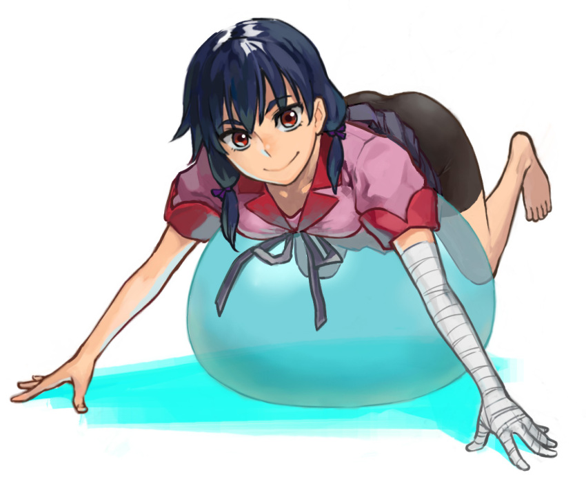 1girl ass b_suke bakemonogatari ball bandaged_hand bandages barefoot bike_shorts black_shorts blue_hair breasts closed_mouth dark_blue_hair exercise_ball full_body jacket kanbaru_suruga looking_at_viewer medium_hair monogatari_(series) naoetsu_high_school_uniform pink_jacket red_eyes school_uniform short_sleeves shorts simple_background small_breasts smile solo white_background