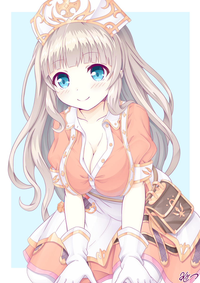 1girl arin_von_heilbronn bag blue_eyes breasts brown_hair cleavage dress globe gloves hat highres iris_mysteria! k_(nura-rikuo) large_breasts long_hair looking_at_viewer orange_dress smile white_gloves