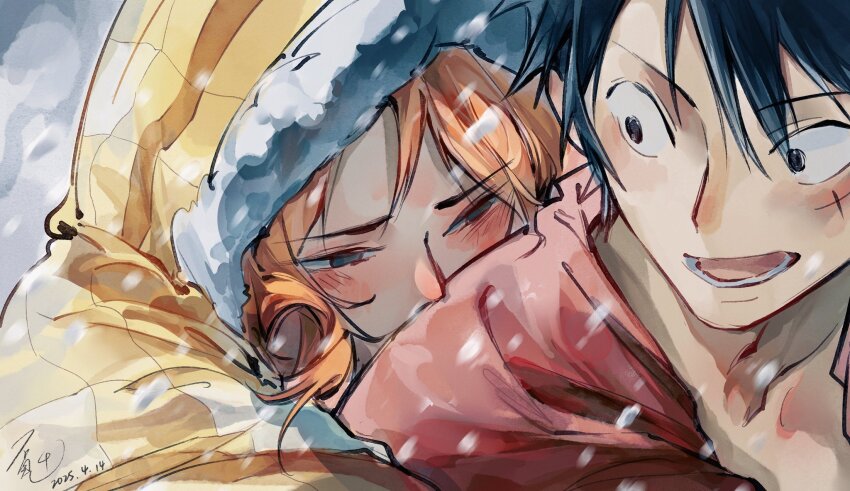 1boy 1girl black_hair blush carrying close-up cloud cloudy_sky coat collarbone commentary_request dated facial_scar fur-trimmed_coat fur_trim head_on_another&#039;s_shoulder highres hood hooded_coat lidocaine0 looking_at_another monkey_d._luffy nami_(one_piece) nose_blush one_piece open_mouth orange_hair outdoors piggyback portrait red_shirt scar scar_on_cheek scar_on_face shirt short_hair signature sky snow snowing upper_body yellow_coat