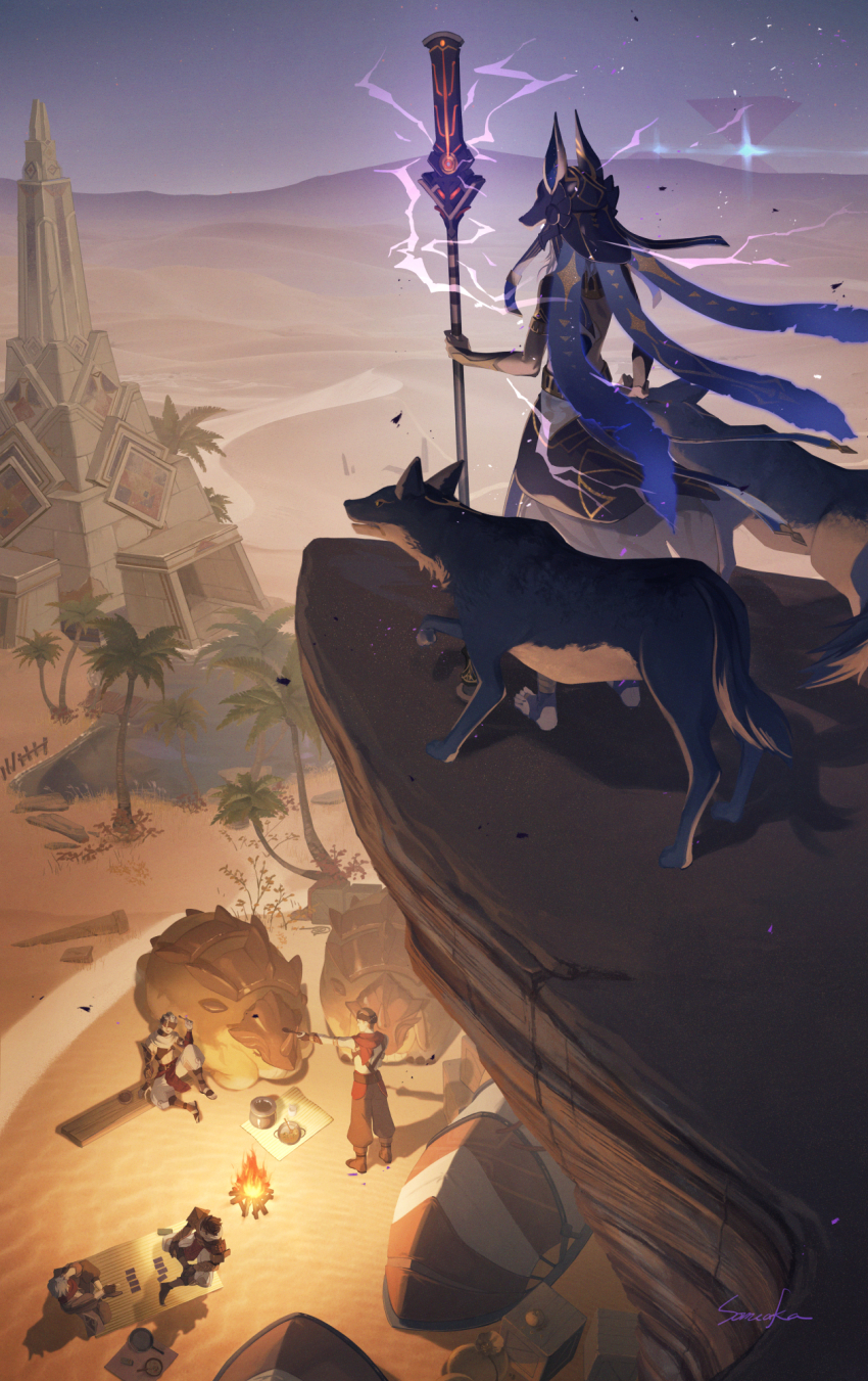 5boys ancient_egyptian_clothes animal_ears animal_hat artist_name black_gloves black_hat black_ribbon bowl box bush campfire card card_game commentary_request cooking_pot crop_top cup cyno_(genshin_impact) dark-skinned_male dark_skin desert electricity eremite_(faction) eremite_daythunder_(genshin_impact) eremite_stone_enchanter_(genshin_impact) facing_away fake_animal_ears fence fingerless_gloves fire food from_behind frying_pan genius_invokation_tcg genshin_impact gloves gold_trim hat hat_ribbon highres holding holding_polearm holding_spoon holding_weapon index_finger_raised jackal_ears ledge male_focus multiple_boys night night_sky oasis outdoors palm_tree playing_card pointing polearm pyramid_(structure) ribbon rock sack sand scenery shadow short_sleeves signature sky someaka spoon staff_of_the_scarlet_sands_(genshin_impact) standing sumpter_beast_(genshin_impact) temple tent tree usekh_collar water weapon wolf wooden_box wooden_fence wooden_spoon