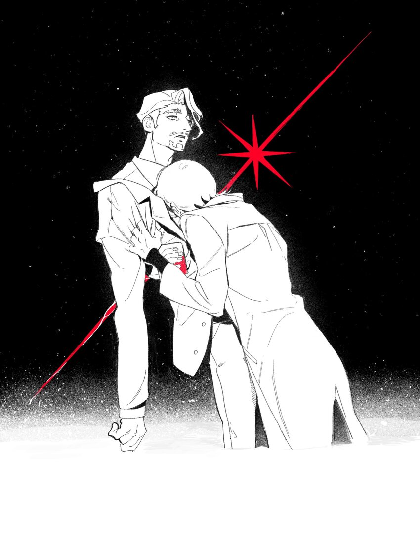 2boys beard challia_bull coat comet commentary_request facial_hair greyscale gundam gundam_gquuuuuux highres hug jacket long_sleeves male_focus monochrome multiple_boys mustache oooooons shirt short_hair spot_color star_(sky) xavier_olivette yaoi