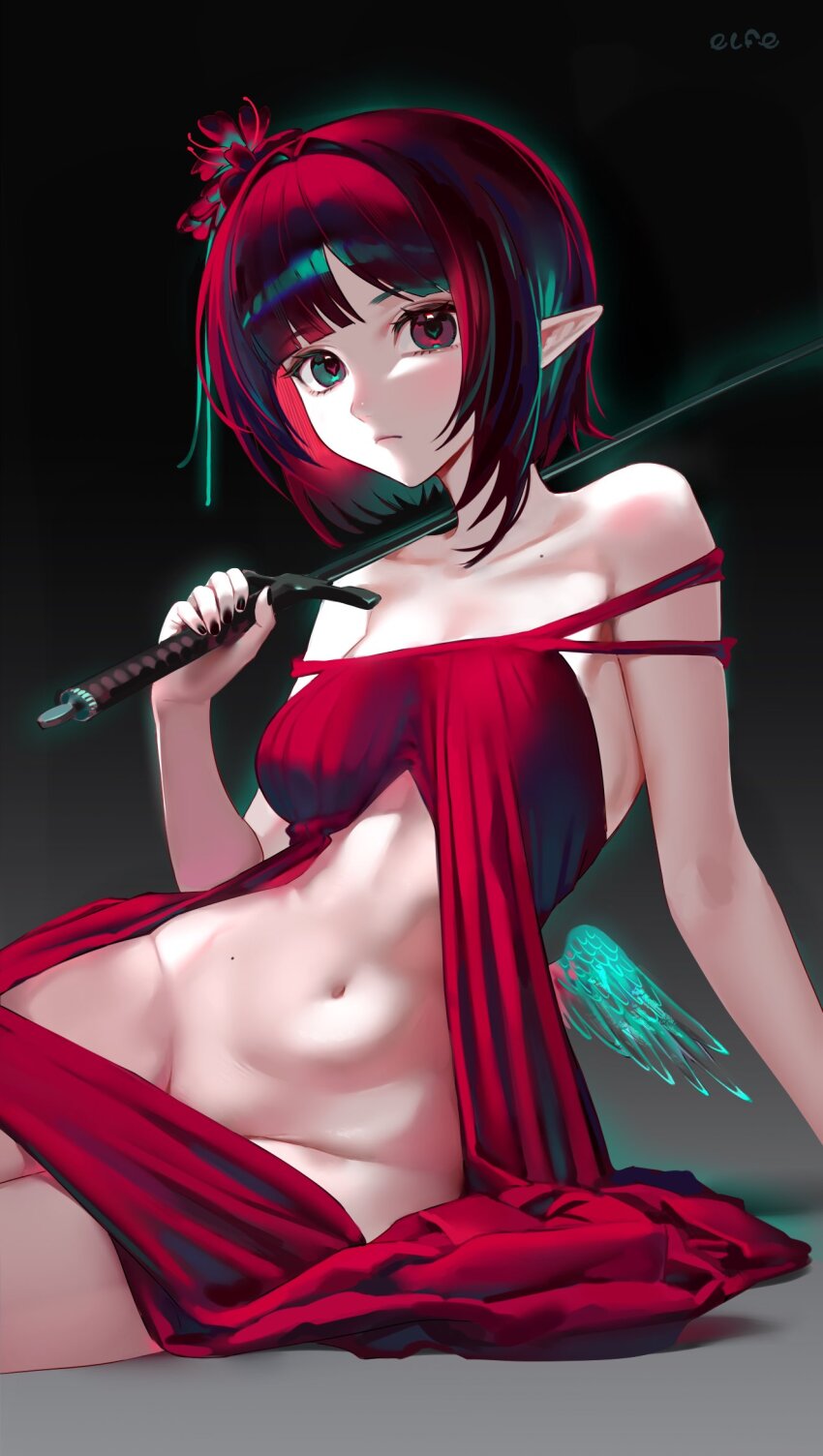 1girl arm_support artist_name bare_shoulders black_background black_nails breasts closed_mouth collarbone commentary double_strap_slip dress elfe_art expressionless fingernails flower green_eyes hair_flower hair_ornament heterochromia highres holding holding_sword holding_weapon long_fingernails looking_at_viewer low_wings medium_breasts mole mole_on_collarbone mole_on_stomach nail_polish navel original over_shoulder pointy_ears red_dress red_eyes red_flower red_hair revealing_clothes short_hair sitting solo sword symbol-only_commentary weapon weapon_over_shoulder wings yokozuwari