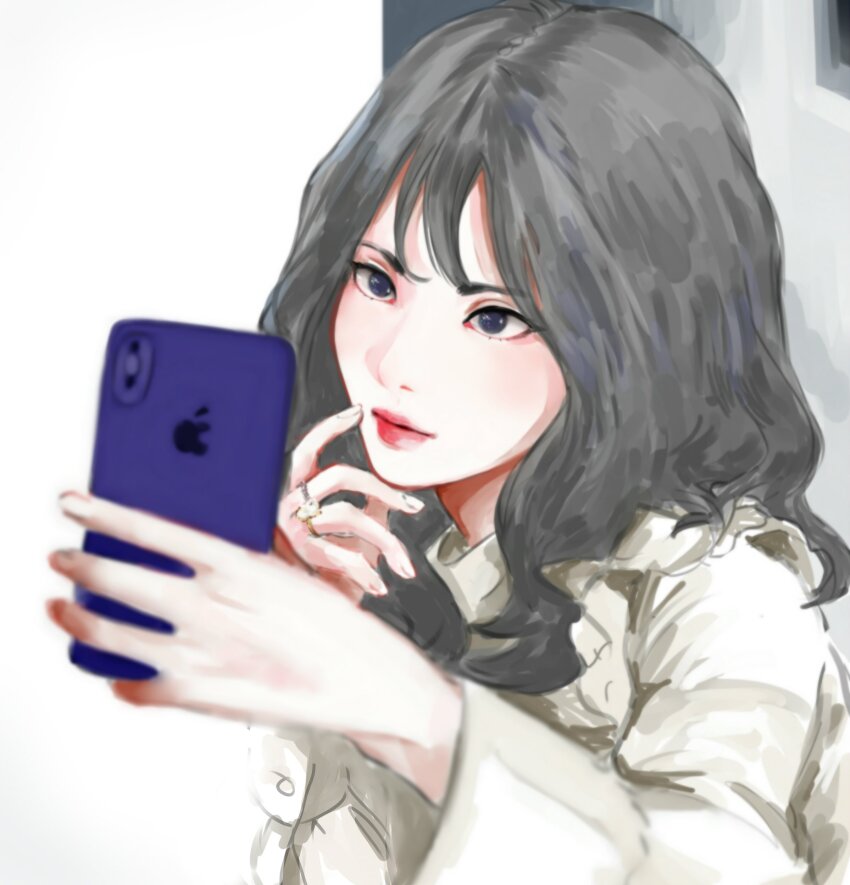 12_07sh 1girl absurdres apple_inc. black_hair closed_mouth dress eunha_(gfriend) gfriend hashtag-only_commentary highres holding holding_phone jewelry k-pop long_sleeves medium_hair phone real_life red_lips ring solo taking_picture upper_body white_dress