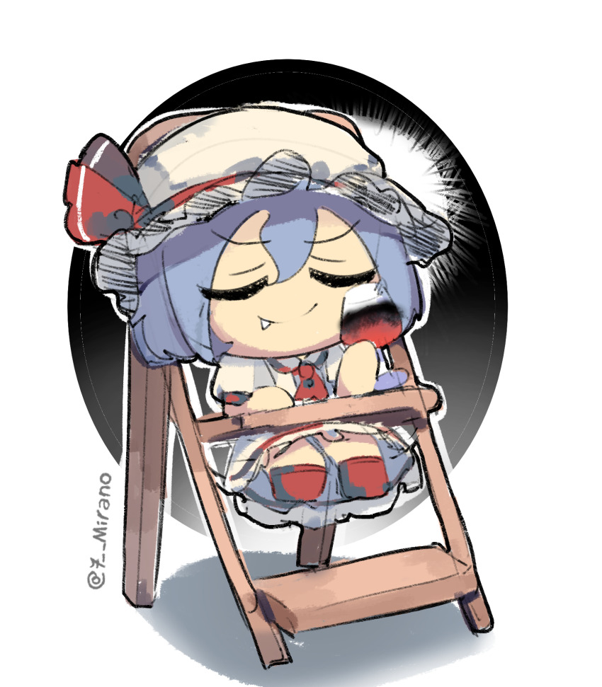 1girl 7-mirano ascot blue_hair closed_eyes collared_shirt cup drinking_glass english_text fang fumo_(doll) hat hat_ribbon high_chair highres holding holding_cup mob_cap pink_hat puffy_short_sleeves puffy_sleeves red_ascot red_ribbon red_shoes remilia_scarlet ribbon shirt shoes short_hair short_sleeves sitting smile solo touhou wine_glass