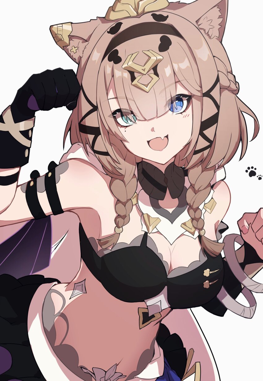 1girl absurdres animal_ears bare_shoulders bikini black_bikini black_gloves blue_eyes blunt_bangs breasts brown_hair cat_ears cat_girl cleavage fang gloves green_eyes heterochromia highres honkai_(series) honkai_impact_3rd large_breasts looking_at_viewer midriff open_mouth pardofelis pardofelis_(reverist_calico) paw_pose short_hair single_glove skin_fang smile solo swimsuit torein_(and_rain3)