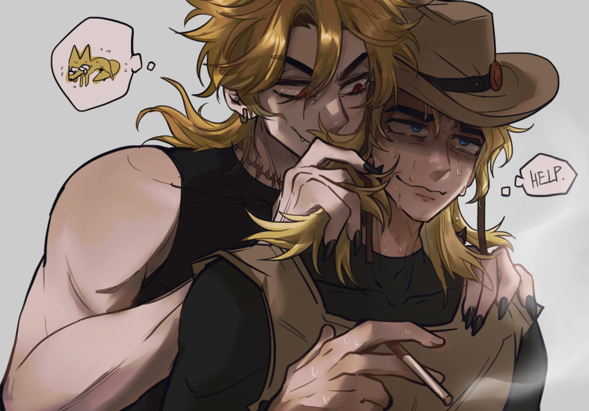 2boys behind_another black_nails blonde_hair blue_eyes cigarette cowboy_hat dio_brando english_text fang fingernails hand_on_another&#039;s_shoulder hat highres hol_horse jojo_no_kimyou_na_bouken male_focus medium_hair multiple_boys playing_with_another&#039;s_hair red_eyes scar scar_on_neck shaded_face sharp_fingernails sleeveless smoke speech_bubble stardust_crusaders swampland sweat thought_bubble yaoi