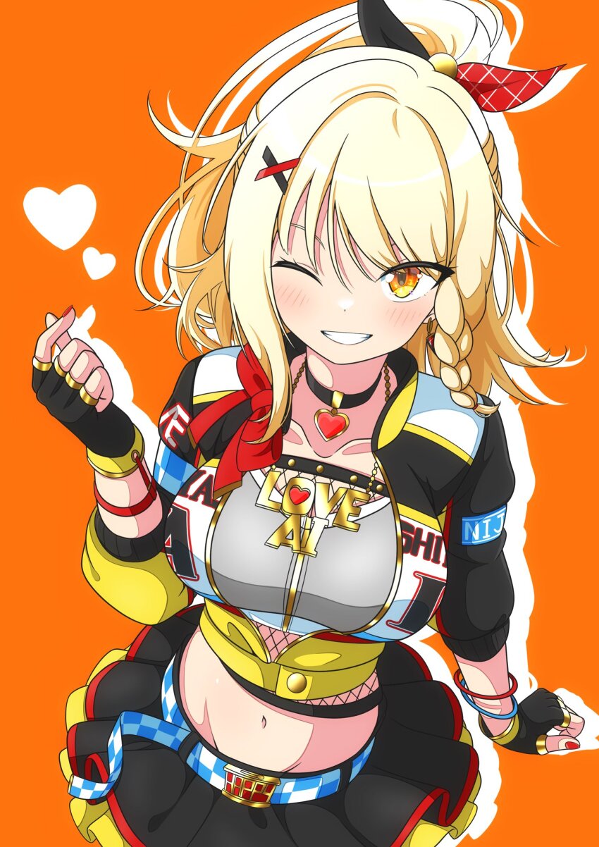 1girl ;d belt black_choker black_gloves black_jacket black_skirt blonde_hair blue_belt blush braided_sidelock breasts checkered_belt choker collarbone commentary_request drop_shadow finger_heart fingerless_gloves fishnets frilled_skirt frills gloves gold_necklace grey_tube_top grin groin hair_ornament heart heart_choker highres jacket jewelry large_breasts looking_at_viewer love_live! love_live!_nijigasaki_high_school_idol_club medium_hair midriff miniskirt miyashita_ai multicolored_jacket navel necklace one_eye_closed open_mouth orange_background orange_eyes ponytail sidelocks skirt smile solo strapless tanoshii_no_tensai thio_lovelive three-quarter_sleeves tube_top two-tone_belt white_belt white_jacket x_hair_ornament yellow_jacket
