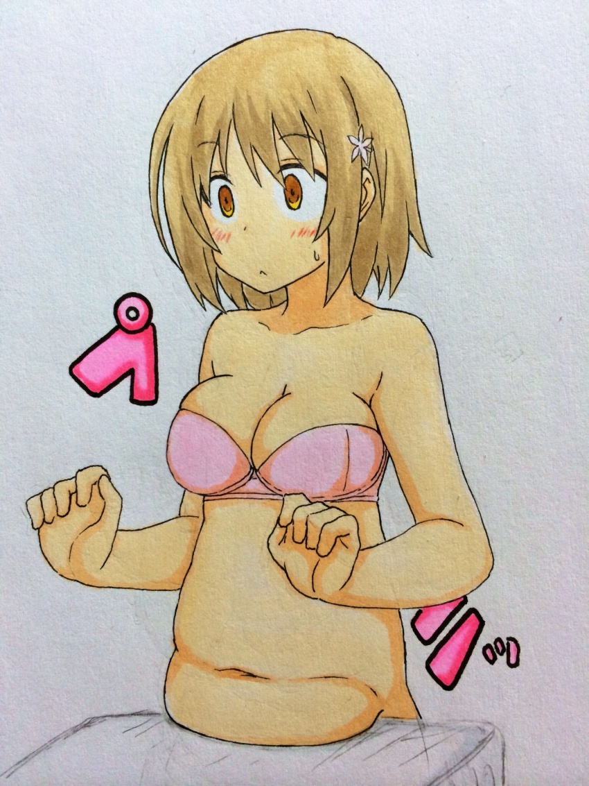 10s 1girl :&lt; belly blush bra breasts brown_eyes brown_hair cleavage female_focus flower fujioka_(azunxan) hair_flower hair_ornament highres idolmaster idolmaster_cinderella_girls kagami_mochi love_handles medium_breasts mimura_kanako navel plump solo sweatdrop traditional_media underwear wide-eyed