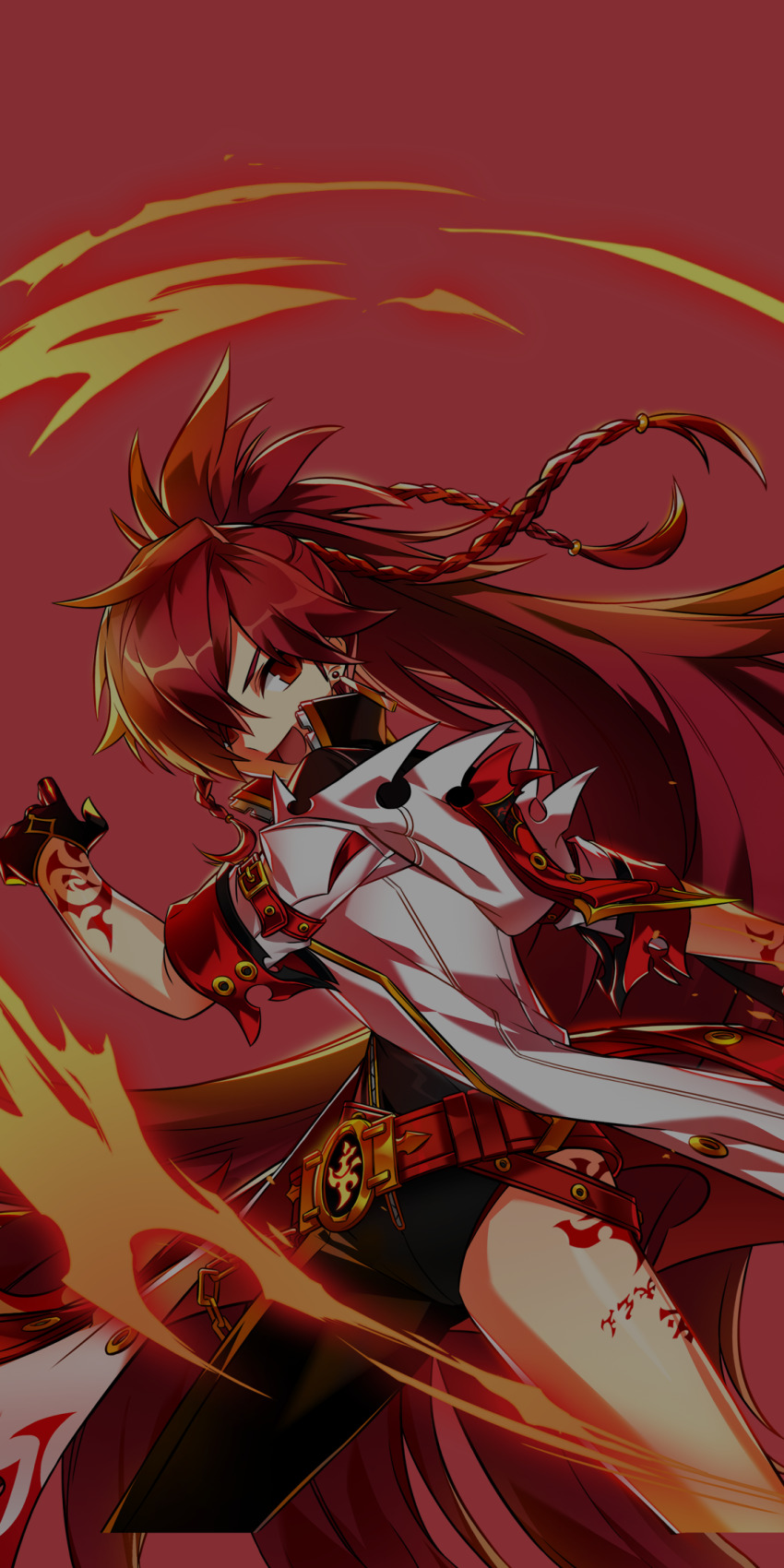 1girl absurdly_long_hair arm_tattoo asymmetrical_legwear belt belt_buckle black_bodysuit black_gloves bodysuit bodysuit_under_clothes bow braid buckle coat collared_bodysuit cowboy_shot cropped_legs crossed_belts determined elesis_(elsword) elsword fighting_stance fire flame_tattoo floating_hair gloves gold_buckle hair_over_one_eye high_collar highres hood hood_down hooded_coat hwansang leg_tattoo legs_apart long_hair multiple_belts official_art open_mouth ponytail pyrokinesis red_belt red_bow red_eyes red_hair second-party_source short_sleeves shoulder_belt simple_background smile solo standing tattoo twin_braids v-shaped_eyebrows very_long_hair white_coat zipper