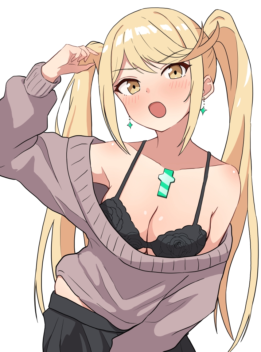 1girl absurdres alternate_hairstyle black_bra black_skirt blonde_hair bra breasts brown_sweater chest_jewel cleavage collarbone commentary_request core_crystal_(xenoblade) earrings highres jewelry long_hair mythra_(xenoblade) off-shoulder_sweater off_shoulder simple_background skirt solo sweater twintails underwear white_background xenoblade_chronicles_(series) xenoblade_chronicles_2 yellow_eyes yoshikirino