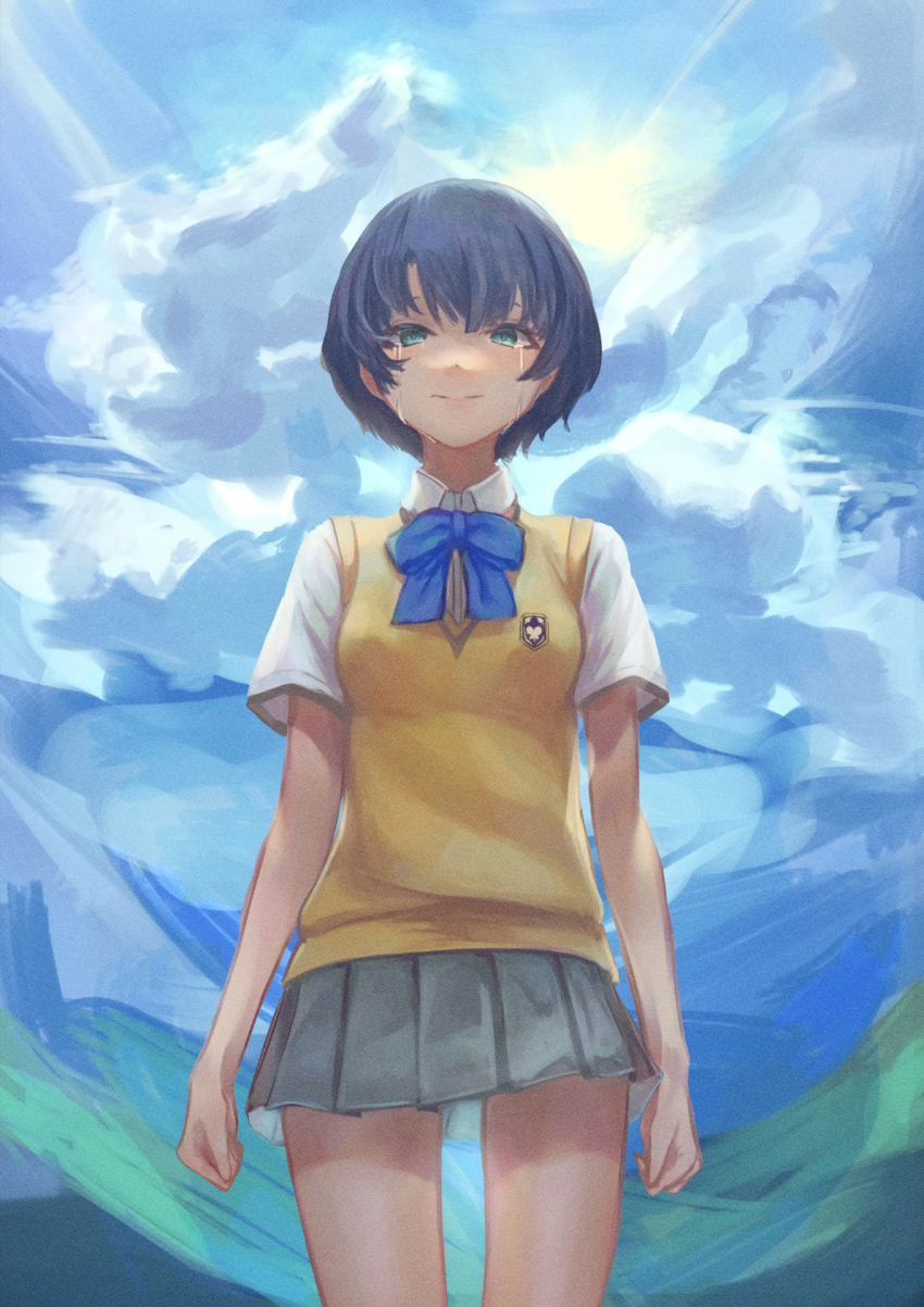 1girl ano_natsu_de_matteru black_hair blue_bow blue_bowtie bob_cut bow bowtie closed_mouth collared_shirt crying crying_with_eyes_open green_eyes grey_skirt highres looking_at_viewer miniskirt pleated_skirt sayuumigi school_uniform shirt short_hair short_sleeves skirt smile solo standing straight_hair sweater sweater_vest tanigawa_kanna tears thigh_gap white_shirt wing_collar yellow_sweater