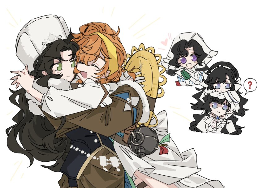 5girls ? anjo_nala black_hair blue_eyes brown_hair brown_skirt closed_eyes gelinzzz green_eyes hat heart highres hug isolde_(reverse:1999) long_hair lopera_(reverse:1999) moldir_(reverse:1999) multiple_girls orange_hair purple_hair reverse:1999 skirt smile straw_hat white_background white_skirt yuri