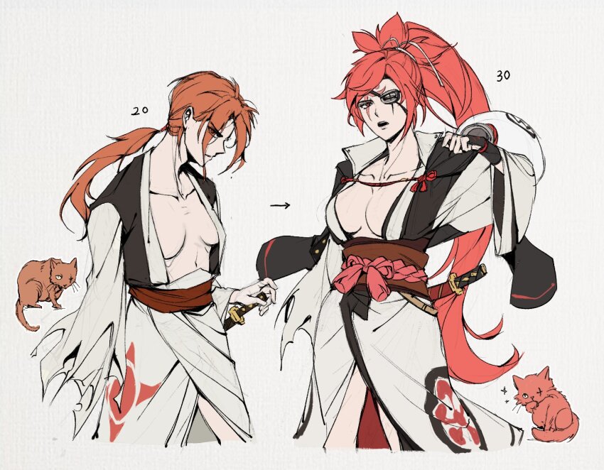 1girl baiken breasts cat collarbone dogjaejung facial_tattoo guilty_gear guilty_gear_xrd japanese_clothes kataginu kimono long_hair low_ponytail multicolored_kimono no_bra one-eyed ponytail red_sash samurai sash scar scar_on_face simple_background tattoo white_background