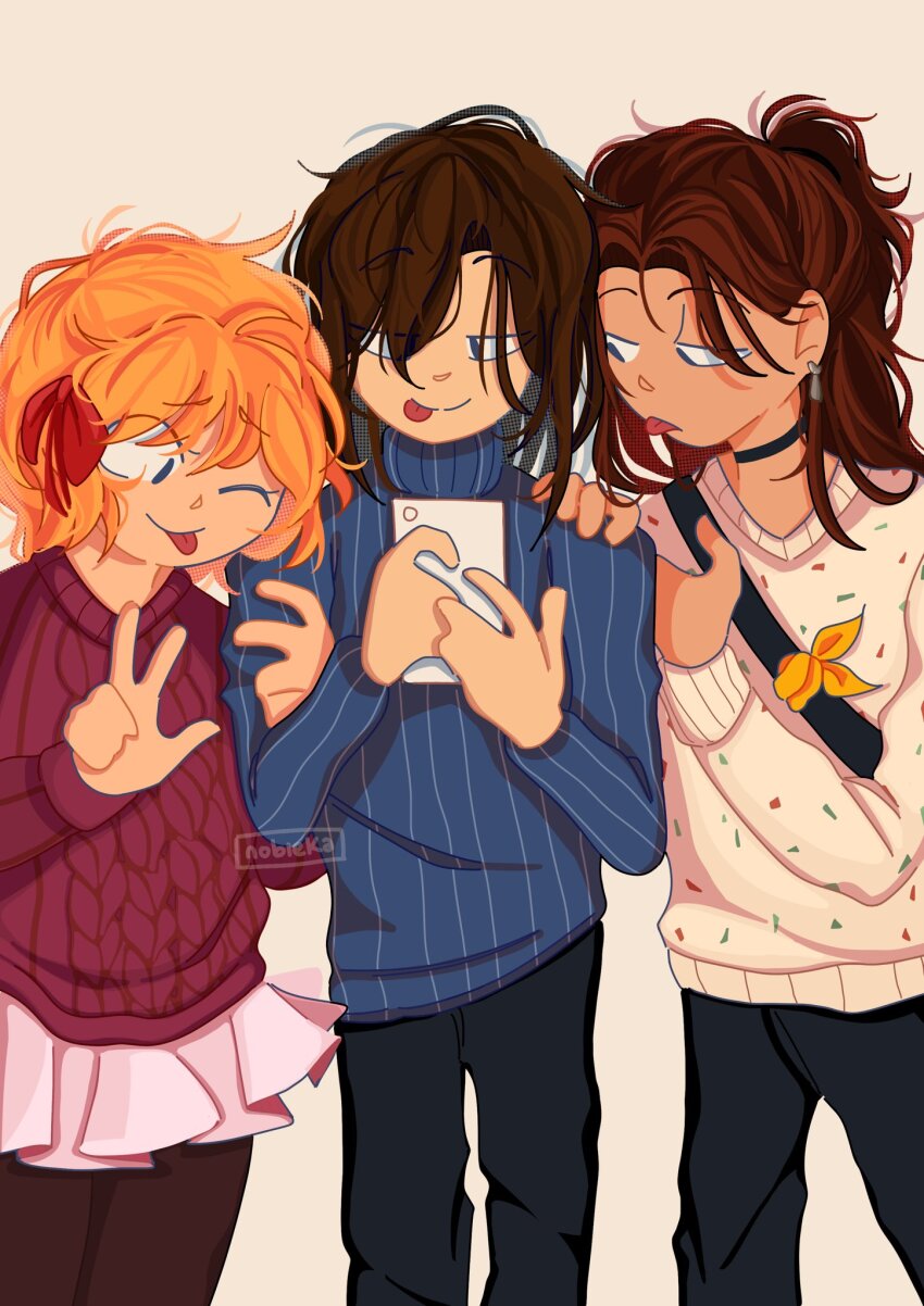 1boy 2girls ;d brown_hair collar commissioner_insert dress feet_out_of_frame hair_between_eyes hair_ribbon hairband high_ponytail highres looking_at_another main_character_(our_life) mirror_selfie multiple_girls nobi33ka one_eye_closed open_mouth orange_hair our_life our_life:_now_and_forever pink_dress polyamory ponytail qiu_lin_(our_life) red_sweater ribbed_sweater ribbon sash selfie smile sweater tamarack_baumann tongue tongue_out turtleneck v