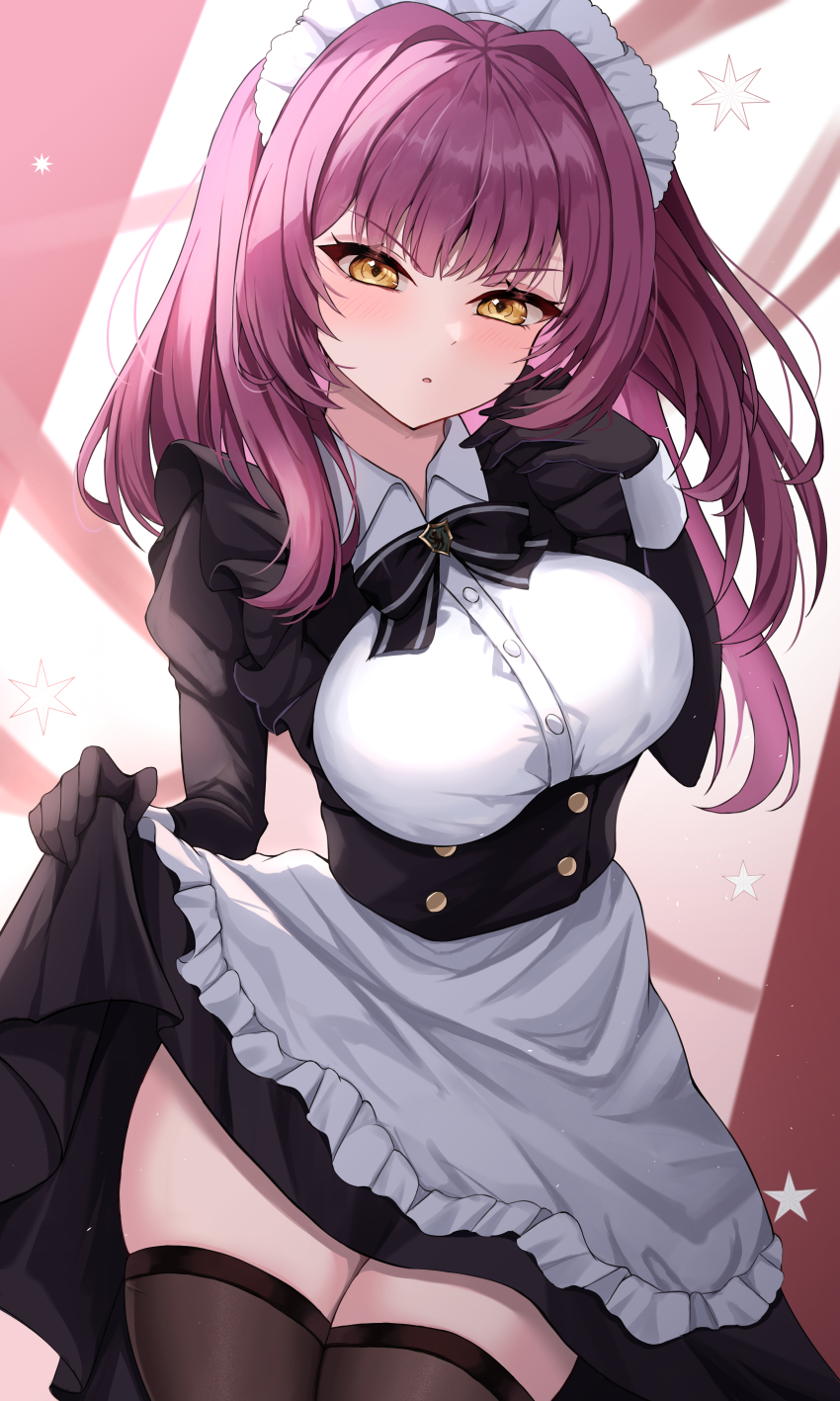 1girl :o absurdres azur_lane black_bow black_bowtie black_gloves black_thighhighs blush bow bowtie breasts buttons collared_dress cowboy_shot devonshire_(azur_lane) dress gloves hair_intakes hand_up highres juliet_sleeves kuon_(kuon) long_hair long_sleeves looking_at_viewer maid maid_headdress parted_lips puffy_sleeves purple_hair simple_background skirt_hold solo star_(symbol) thighhighs yellow_eyes
