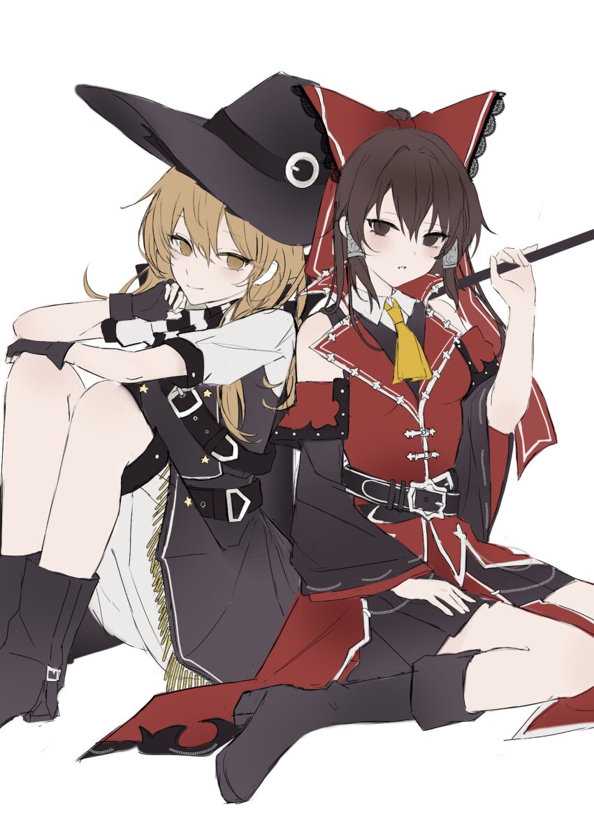 2girls arm_up ascot belt black_belt black_footwear black_gloves black_hair black_hat black_skirt blue_eyes boots bow closed_mouth fingerless_gloves frilled_bow frills gloves hair_between_eyes hair_bow hair_tubes hakurei_reimu hanaya_(fleur) hat highres kirisame_marisa koumajou_densetsu looking_at_viewer multiple_girls parted_lips pleated_skirt red_bow red_eyes red_shirt shirt short_sleeves shorts simple_background skirt sleeveless sleeveless_shirt smile touhou white_background white_shorts witch_hat yellow_ascot yellow_eyes