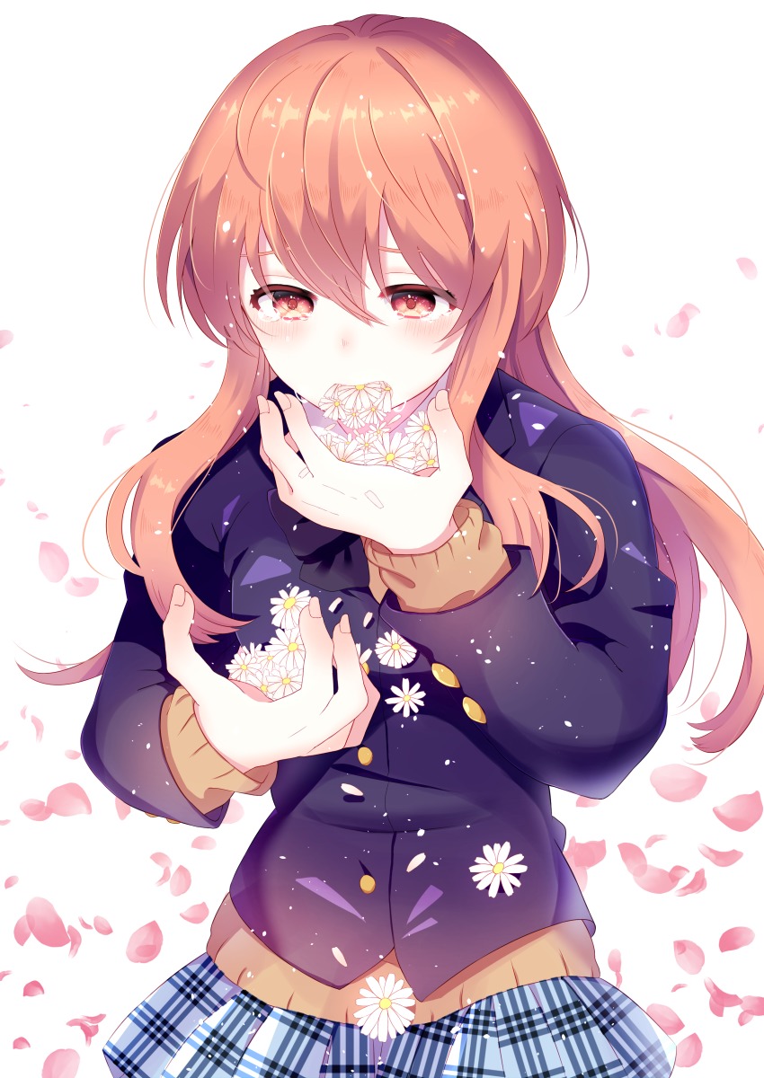 10s 1girl absurdres alternate_body_fluid bad_anatomy bad_hands bad_id bad_pixiv_id brown_eyes brown_hair coughing_flowers female_focus flower highres koe_no_katachi long_hair nishimiya_shouko petals school_uniform solo suzune_(sb_mb_tb) tears