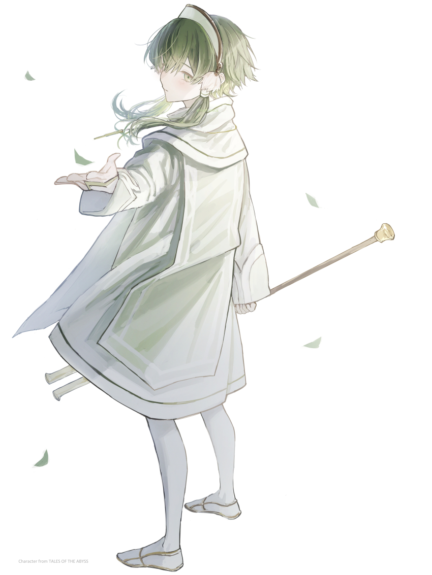 1boy absurdres closed_mouth falling_leaves full_body green_eyes green_hair green_robe hashtag-only_commentary highres holding holding_staff ion_(tales) kyafu leaf light_blush long_sleeves male_focus open_hand outstretched_arm robe short_hair_with_long_locks sidelocks solo staff standing tales_of_(series) tales_of_the_abyss white_background white_footwear