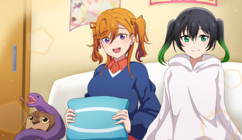 2girls :d alternate_breast_size alternate_hairstyle bedroom bird black_hair blue_sweater blush breasts collared_shirt commentary_request dress_shirt gradient_hair green_eyes green_hair hair_ribbon highres holding holding_pillow hood hoodie in-franchise_crossover indoors korean_commentary large_breasts looking_at_viewer love_live! love_live!_nijigasaki_high_school_idol_club love_live!_superstar!! manmaru_(love_live!) matching_hairstyle medium_hair multicolored_hair multiple_girls open_mouth orange_hair owl pillow purple_eyes red_shirt ribbon sasuke_(love_live!) shibuya_kanon shirt sitting smile sweater takasaki_yu twintails two-tone_hair two_side_up white_hoodie yumel_lot