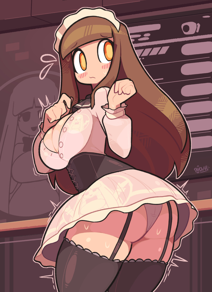 1girl :s artist_name ass blunt_bangs blush breasts breasts_out bright_pupils brown_hair brown_thighhighs cafe caught_staring cleavage closed_mouth commentary corset cowboy cowboy_shot cowboy_western dress embarrassed english_commentary from_behind furrowed_brow garter_straps gwain_saga hands_up highres indoors lanney_(gwain_saga) large_breasts long_hair long_sleeves looking_back maid maid_headdress movail2 orange_eyes original outline panties pantyshot pink_outline pink_panties short_dress sidelocks signature skindentation solo sweat tareme thick_thighs thighhighs thighs twitching underwear upskirt very_long_hair western yellow_pupils