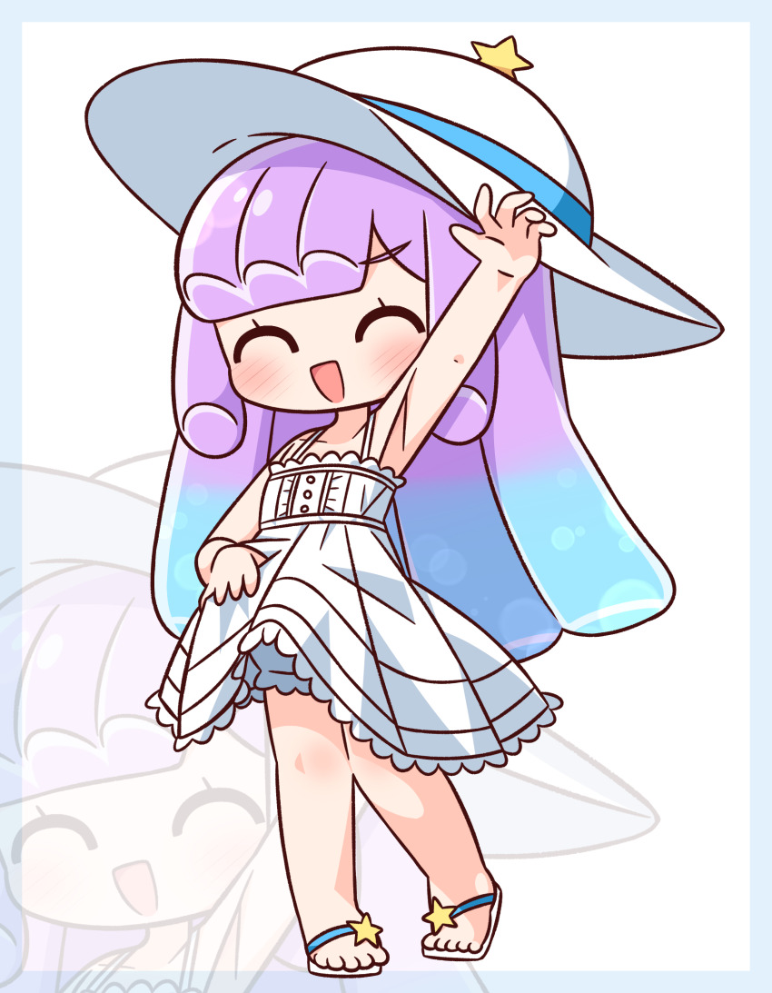 1girl :d ^_^ arm_up armpits bare_arms bare_shoulders blue_border blue_hair blush border closed_eyes commentary_request dress facing_viewer full_body gradient_hair green_eyes hana_kazari hat highres multicolored_hair open_mouth outstretched_arm puniru_(puniru_wa_kawaii_slime) puniru_wa_kawaii_slime purple_hair sandals simple_background sleeveless sleeveless_dress smile solo standing white_background white_dress white_hat white_sandals zoom_layer