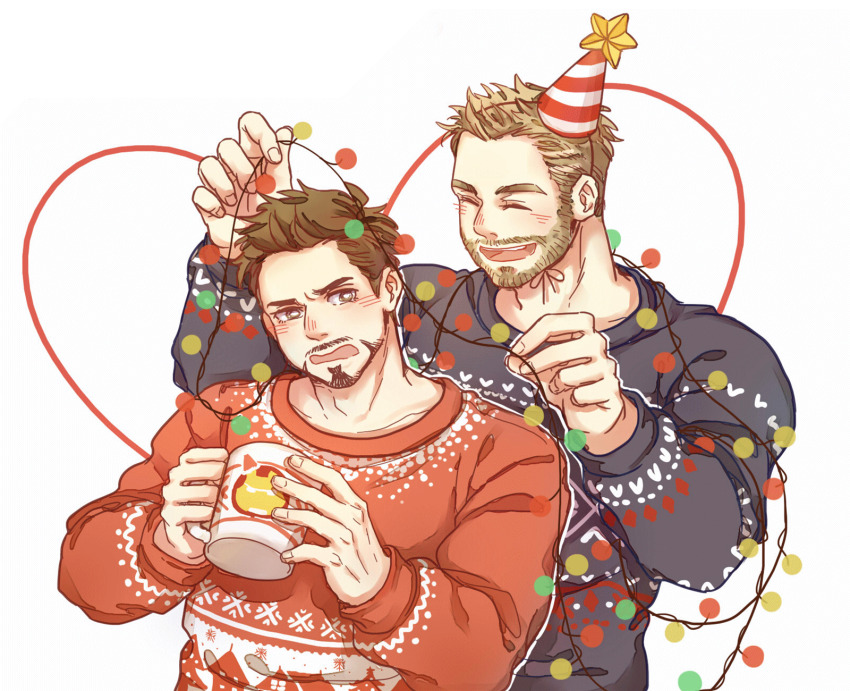 2boys animal_print animated animated_gif animification avengers_(series) beard black_sweater blonde_hair blush brown_eyes brown_hair character_print chinese_commentary christmas_lights closed_eyes commentary_request cup deer_print facial_hair fingernails hands_up hat hat_ornament heart heart_print highres holding holding_cup iron_man long_sleeves looking_at_another male_focus marvel marvel_cinematic_universe multiple_boys open_mouth party_hat puffy_long_sleeves puffy_sleeves red_hat red_sweater short_hair simple_background smile snowflake_print standing star_(symbol) star_hat_ornament striped_clothes striped_headwear sweater teeth thor_(marvel) tony_stark two-tone_hat v-shaped_eyebrows white_background white_hat wodeyongheng
