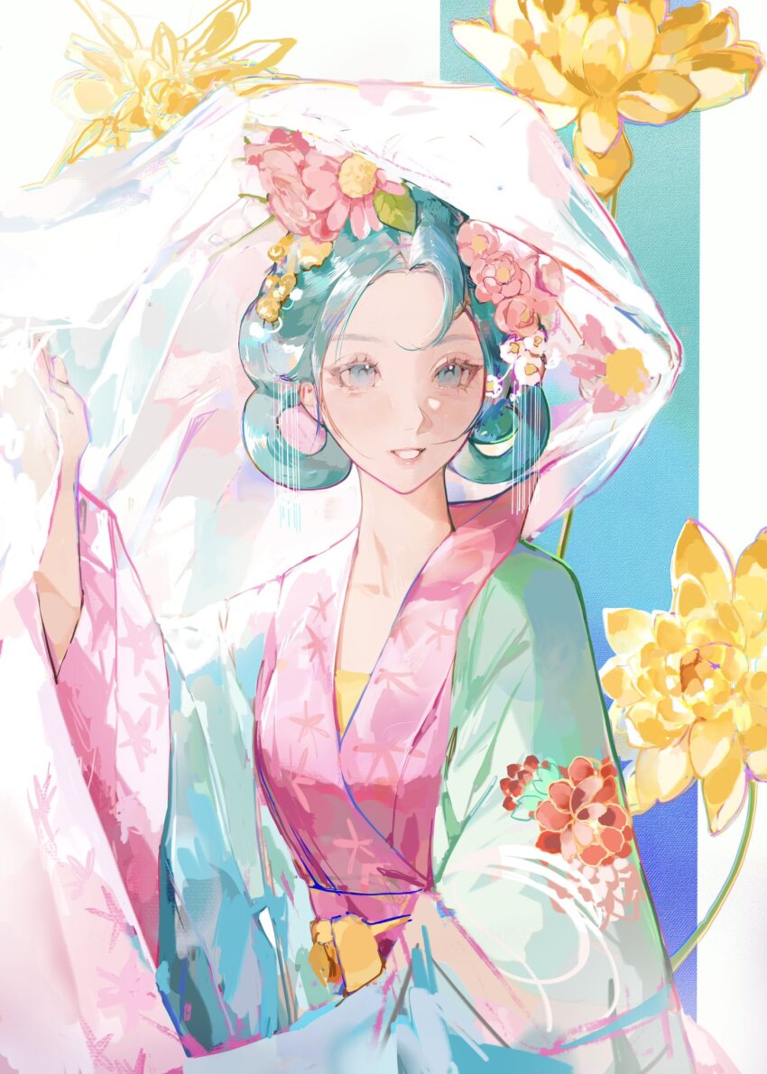 1girl aqua_hanfu china chinese_clothes flower hair_flower hair_ornament hair_rings hanfu hatsune_miku highres long_sleeves pink_flower pink_sash sash solo sumi_(suumiko_) upper_body vocaloid wide_sleeves worldwide_miku yellow_flower