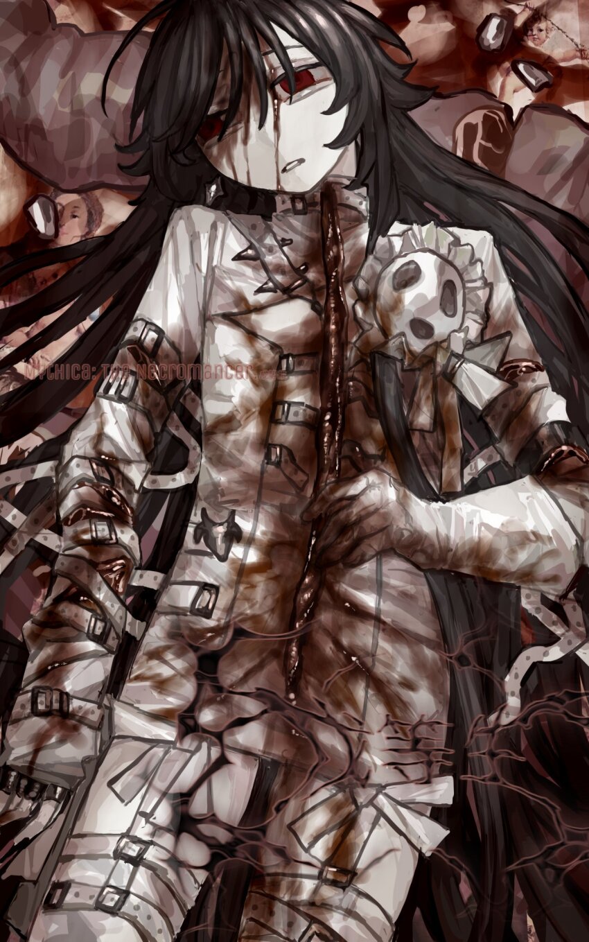1girl belt blood blood_on_clothes blood_on_face blood_on_gloves brown_hair cuts flesh food formal_clothes gloves guro highres injury leg_belt long_hair lying meat on_back original red_eyes ribbon solo suit teeth very_long_hair white_belt white_gloves white_ribbon white_suit wuwuren