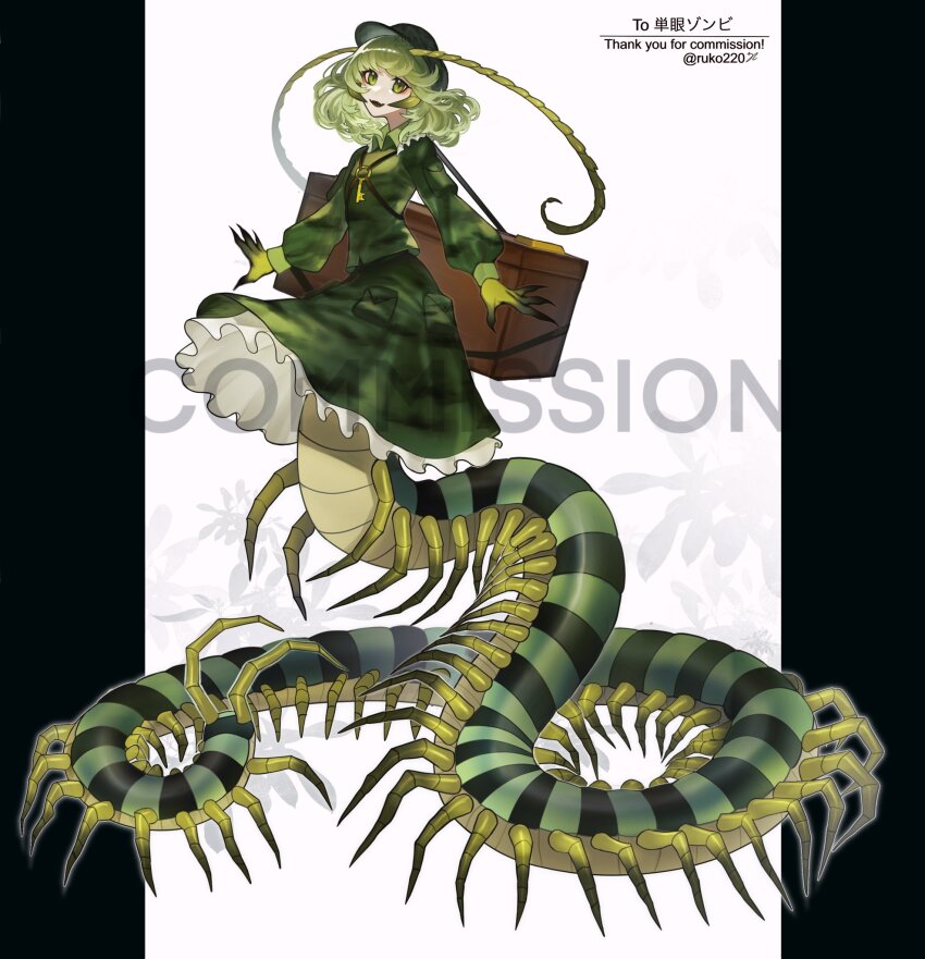 1girl antennae arthropod_girl centipede_girl claws collared_dress colored_skin commission dress fang frilled_dress frills full_body green_dress green_eyes green_skin grey_hair highres key layered_dress long_sleeves looking_at_viewer monster_girl multicolored_skin open_mouth original pillarboxed puffy_long_sleeves puffy_sleeves ruteko_(ruko220) short_hair simple_background skeb_commission skin_fang solo taur touhou watermark white_background yamashiro_takane