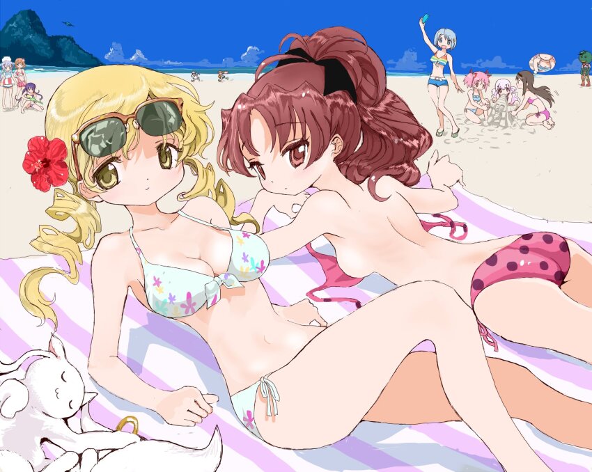 6+girls akemi_homura ass back beach bikini bikini_bottom_only blonde_hair breasts drill_hair eyewear_on_head flying_saucer gochuumon_wa_usagi_desu_ka? highres horizon hoto_cocoa ikamusume inkling_girl inkling_player_character kafuu_chino kaname_madoka kappa kyubey lying mahou_shoujo_madoka_magica miki_sayaka multiple_girls navel nintendo on_back on_stomach ponytail sakura_kyoko shinryaku!_ikamusume spacecraft splatoon_(series) sunglasses swimsuit tedeza_rize tomoe_mami toshi_(little-fluffy-cloud) twin_drills