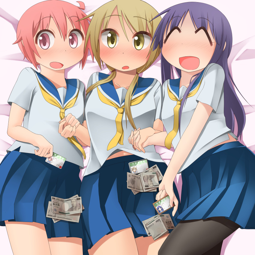 3girls absurdres baaad_sima bed blonde_hair blue_hair blush closed_eyes highres hinata_yukari ichii_yui long_hair multiple_girls nonohara_yuzuko on_bed pantyhose pink_eyes pink_hair school_uniform short_hair yellow_eyes yuyushiki