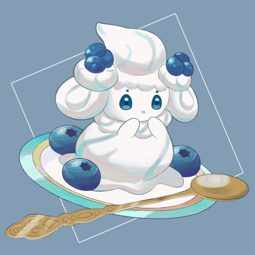 alcremie alcremie_(berry_sweet) blue_background blue_eyes blueberry commentary_request food fruit gen_8_pokemon hands_up highres nintendo no_humans parted_lips plate pokemon pokemon_(creature) simple_background solo spoon sumi_fms