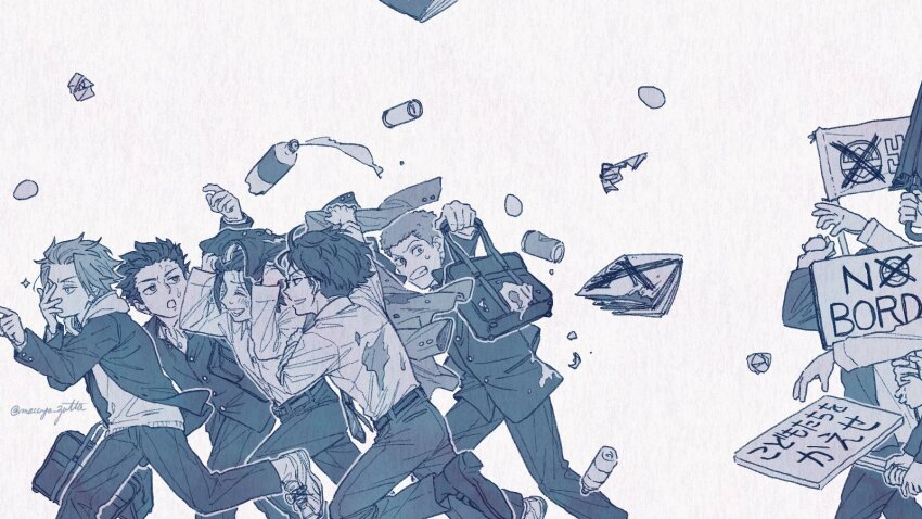 5boys arashiyama_jun arm_up bag blue_theme book bottle can clenched_teeth closed_umbrella crumpled_paper dirty dirty_clothes drink_can egg english_text fleeing from_side gakuran glasses grin hand_on_own_face highres holding holding_unworn_clothes holding_jacket holding_sign holding_umbrella holding_unworn_clothes hood hood_down hoodie ikoma_tatsuhito improvised_umbrella jacket jin_yuuichi kakizaki_kuniharu looking_at_viewer looking_to_the_side looking_up maccya_zatta male_focus mob multiple_boys out_of_frame profile protest running school_bag school_uniform shoe_soles shoes short_hair sign simple_background smile sneakers socks soda_can spikes teeth throwing twitter_username umbrella unworn_jacket water_bottle wet world_trigger yuba_takuma