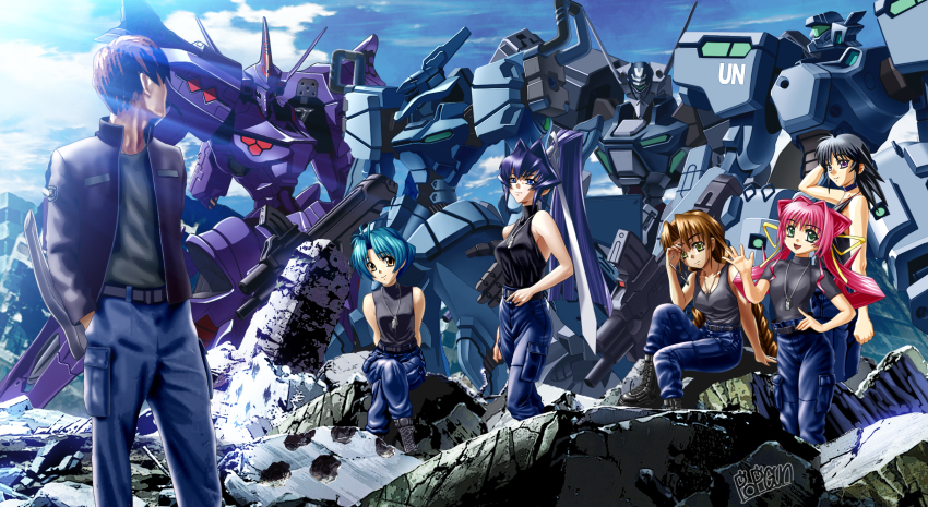 1boy 5girls artist_name ayamine_kei black_hair black_jacket black_tank_top blue_hair blue_pants breasts brown_hair f-4j_gekishin green_eyes grey_shirt hair_ears halterneck hand_on_own_hip hands_in_pockets highres jacket mecha medium_breasts mitsurugi_meiya multiple_girls muv-luv muv-luv_alternative pants popgun_(22882502) purple_eyes robot rubble sakaki_chizuru science_fiction shirogane_takeru shirt short_hair smile tactical_surface_fighter tamase_miki tank_top twintails type_00_takemikazuchi type_94_shiranui type_97_fubuki visor waving yoroi_mikoto