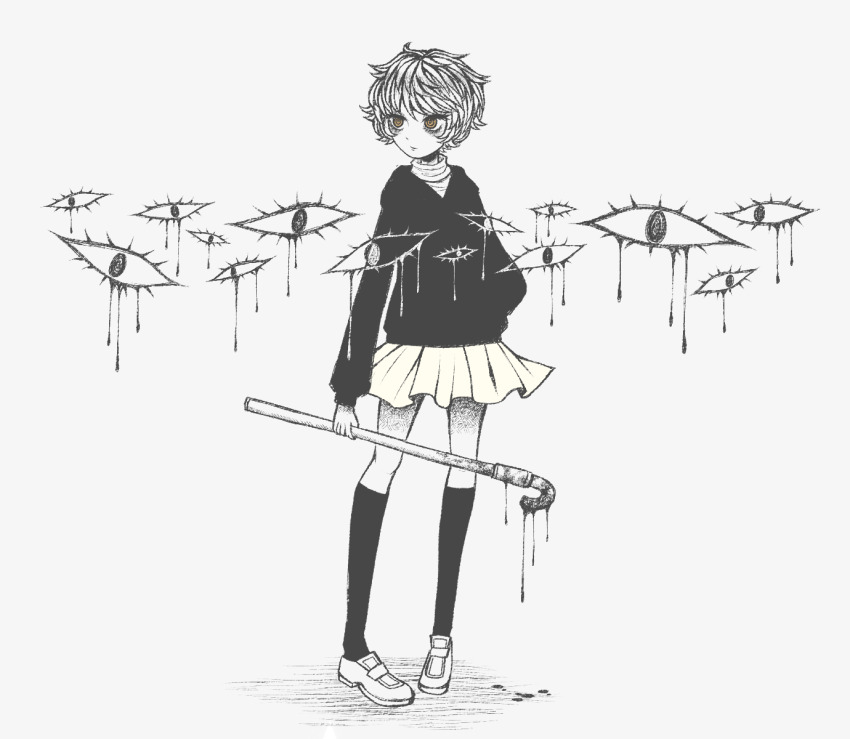 .flow 1girl black_hoodie black_thighhighs blood bloody_weapon closed_mouth dot_nose eleanor_(ohmyeleanor) expressionless hand_in_pocket highres holding holding_lead_pipe holding_weapon hood hood_down hoodie lead_pipe long_sleeves looking_to_the_side messy_hair partially_colored pleated_skirt sabitsuki shirt shoes short_hair simple_background skirt solo thighhighs weapon white_hair white_shirt white_shoes yellow_eyes yellow_skirt