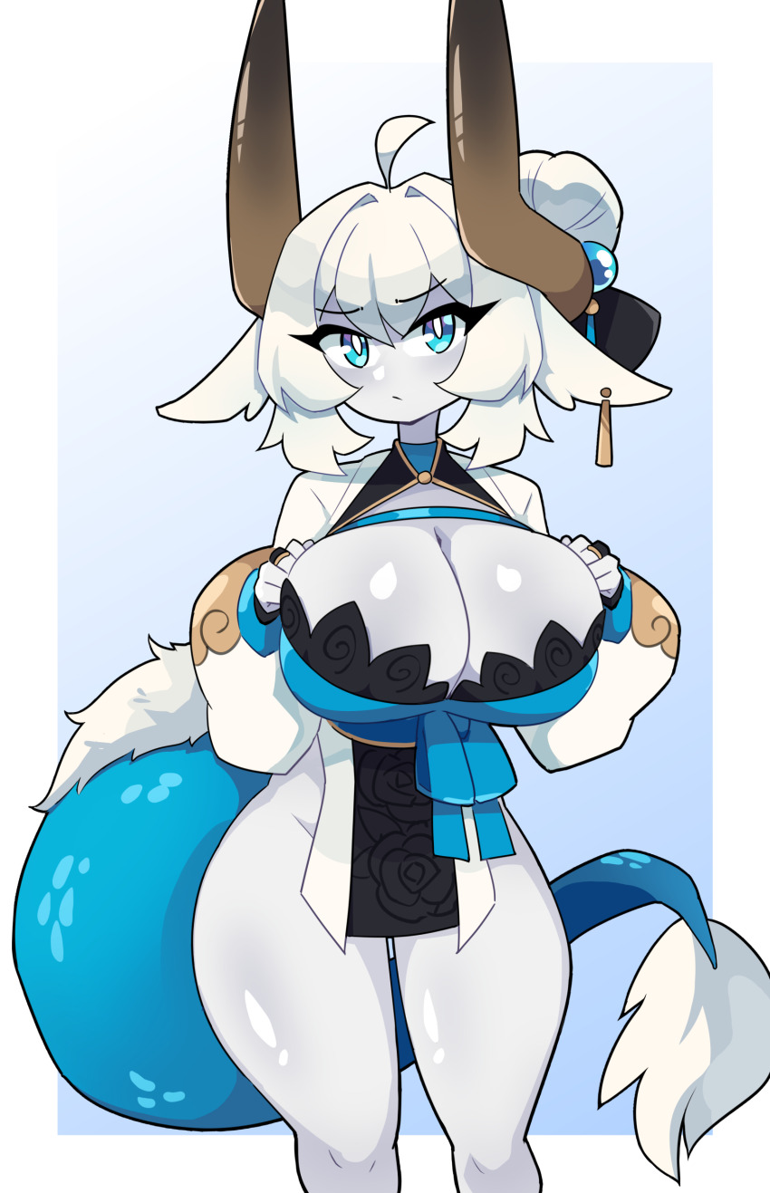 1girl absurdres ahoge black_gloves black_trim blue_background blue_eyes blue_ribbon blue_tail border breasts bright_pupils cleavage closed_mouth colored_skin daigada dragon_girl dragon_horns dragon_tail earrings gloves gradient_background hair_bobbles hair_bun hair_ears hair_ornament highres horns jewelry lace_trim large_breasts large_horns long_hair looking_at_viewer original pelvic_curtain ribbon shirt sidelocks single_earring solo tail thighs white_background white_border white_hair white_pupils white_shirt wide_sleeves yellow_trim