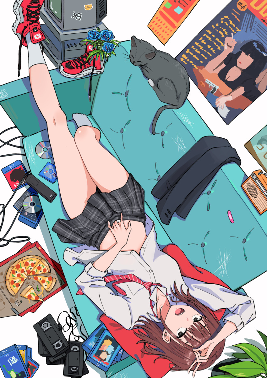 1girl :o absurdres bandaid black_cat black_eyeliner black_hair black_jacket black_skirt blazer blu-ray blu-ray_logo blue_flower blue_rose bob_cut breasts brown_hair cable calendar_(object) cat cd cigarette collarbone collared_shirt controller couch crt diagonal-striped_clothes diagonal-striped_necktie dress_shirt english_text eyeliner flower food foot_up from_above full_body godzilla_(series) gun handgun hands_up high_tops highres jacket kill_bill knee_up leaning_back living_room logo looking_at_viewer looking_up loose_necktie lounging lying makeup medium_hair messy_room mia_wallace midriff minidisc necktie on_back on_couch on_stomach open_mouth original panties panty_peek partially_unbuttoned pillow pizza pizza_box pizza_slice plaid_clothes plaid_skirt plant pleated_skirt poster_(object) potted_plant pulp_fiction radio radio_antenna red_necktie red_shoes remote_control rose school_uniform shin_godzilla shirt shoes short_hair single_shoe skirt sleeping small_breasts smoking sneakers socks solo sticker striped_clothes teeth television thumb_in_beltline tinkie toho underwear untied_shoelaces unworn_jacket unworn_shoe upper_teeth_only v v_over_head videocassette videocassette_recorder weapon white_background white_panties white_shirt white_socks
