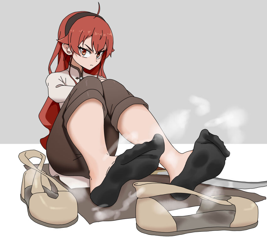 1girl absurdres black_socks eris_greyrat feet hairband highres long_hair looking_at_viewer mushoku_tensei paxa349 red_eyes red_hair shoes socks soles steam toes unworn_shoes