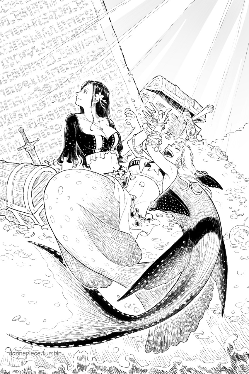 2girls ^_^ bikini bikini_top_only bracelet closed_eyes coin commentary daonepiece english_commentary flower greyscale hair_flower hair_ornament highres jewelry long_hair mermaid monochrome monster_girl multiple_girls nami_(one_piece) necklace nico_robin one_piece poneglyph swimsuit sword treasure_chest tumblr_username weapon